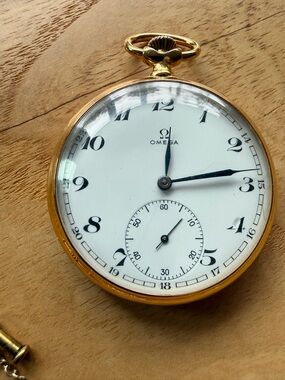 Omega 18k Gold Plated Pocket Watch with White Dial and Steel Blue Hands
